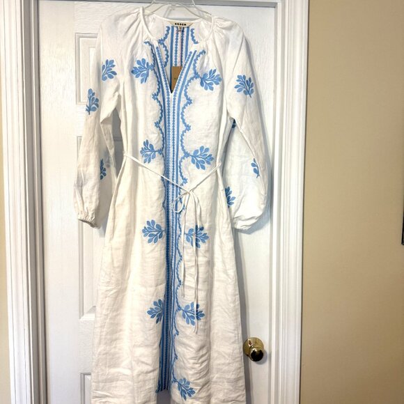 BODEN White Linen Belted Midi Dress with Blue Embroidery US size 8P (UK 12P) - Picture 3 of 16